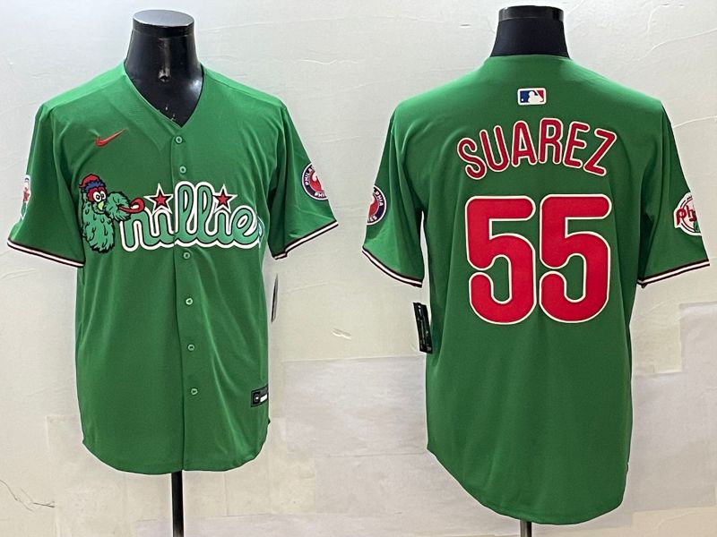 Men Philadelphia Phillies #55 Suarez Green Three generations Joint Name Game 2025 Nike MLB Jersey style 1